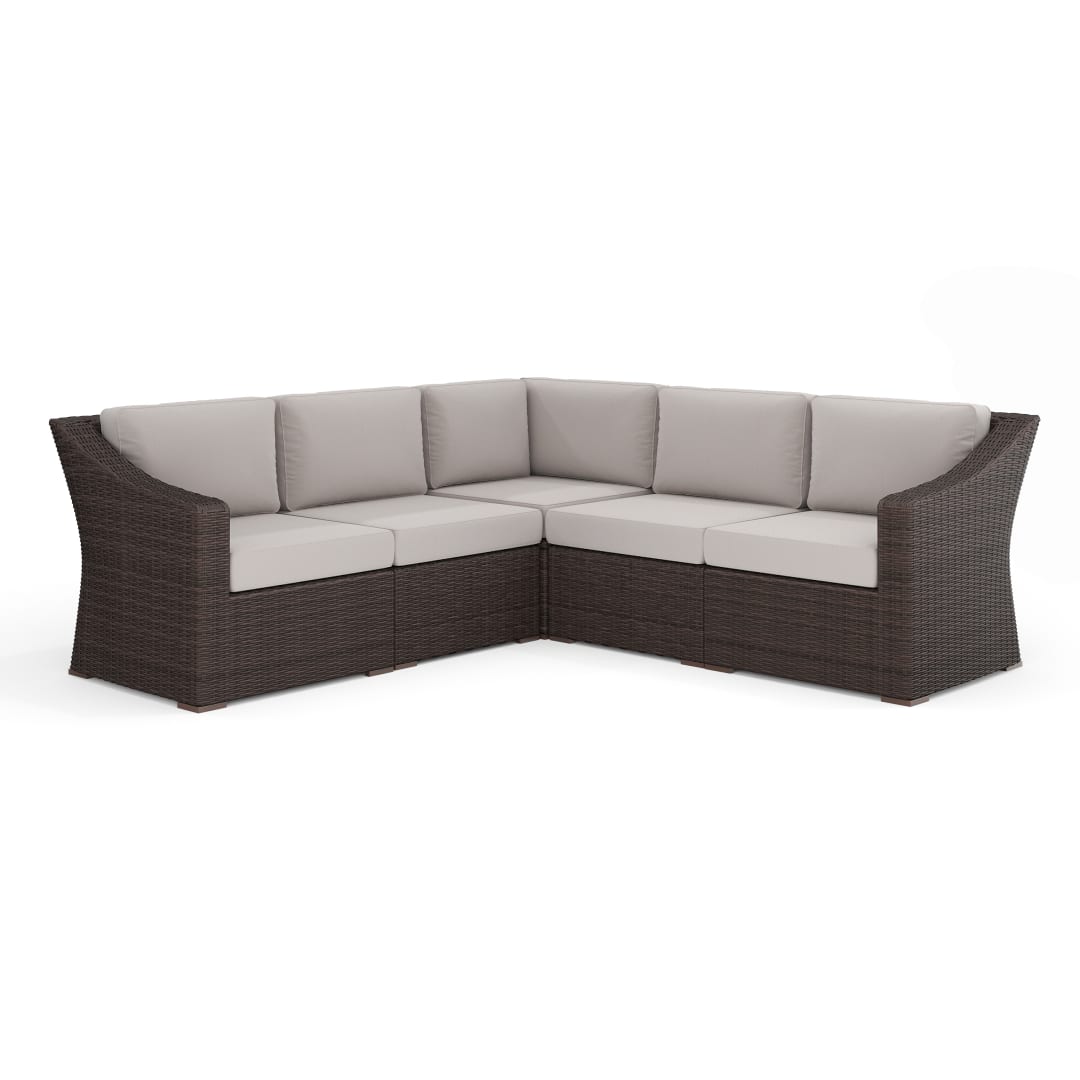 Bedford Indoor-Outdoor Modular Patio 5-Seat Sectional Sofa in Brown Rattan Wicker with Tan All-Weather Cushions