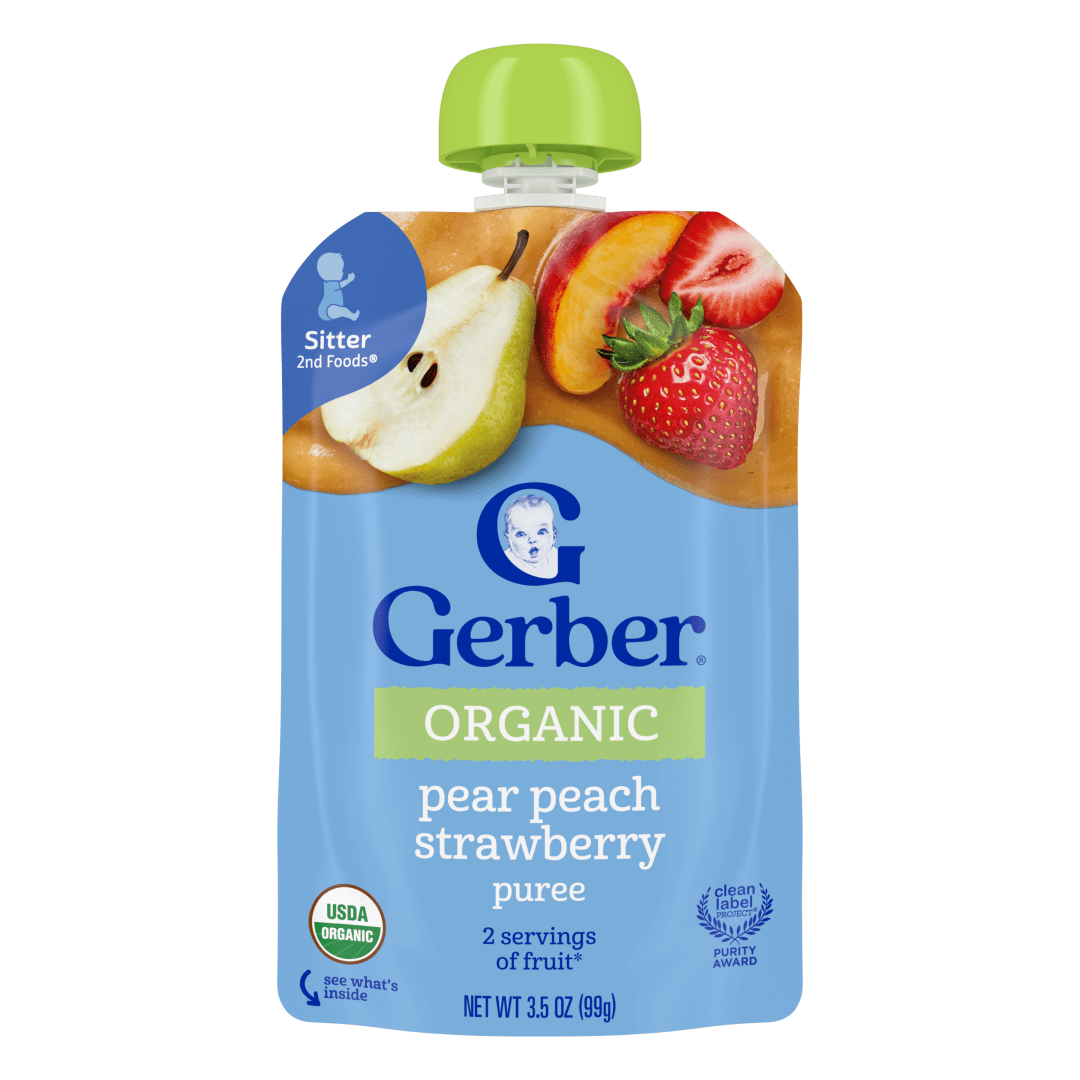 Gerber Stage 2 Baby Food, Organic Pear Peach Strawberry Puree Pouch