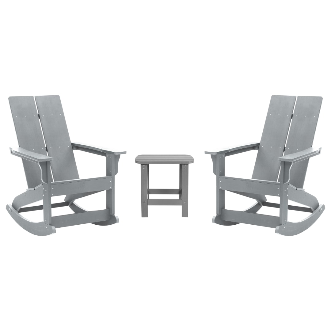 Set of 2 Gray Finn Modern Commercial Grade All-Weather 2-Slat Poly Resin Rocking Adirondack Chairs with Matching Side Table