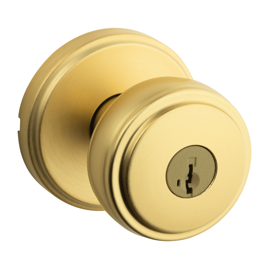 Sora Keyed Entry Knob w/ Round Rose featuring SmartKey Security™ in Satin Brass
