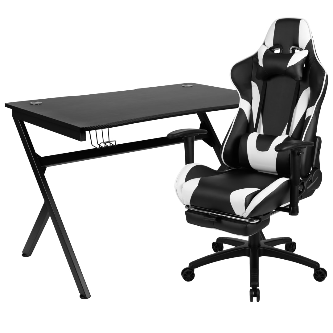 Optis Black Gaming Desk and Black Footrest Reclining Gaming Chair Set with Cup Holder, Headphone Hook &amp; 2 Wire Management Holes