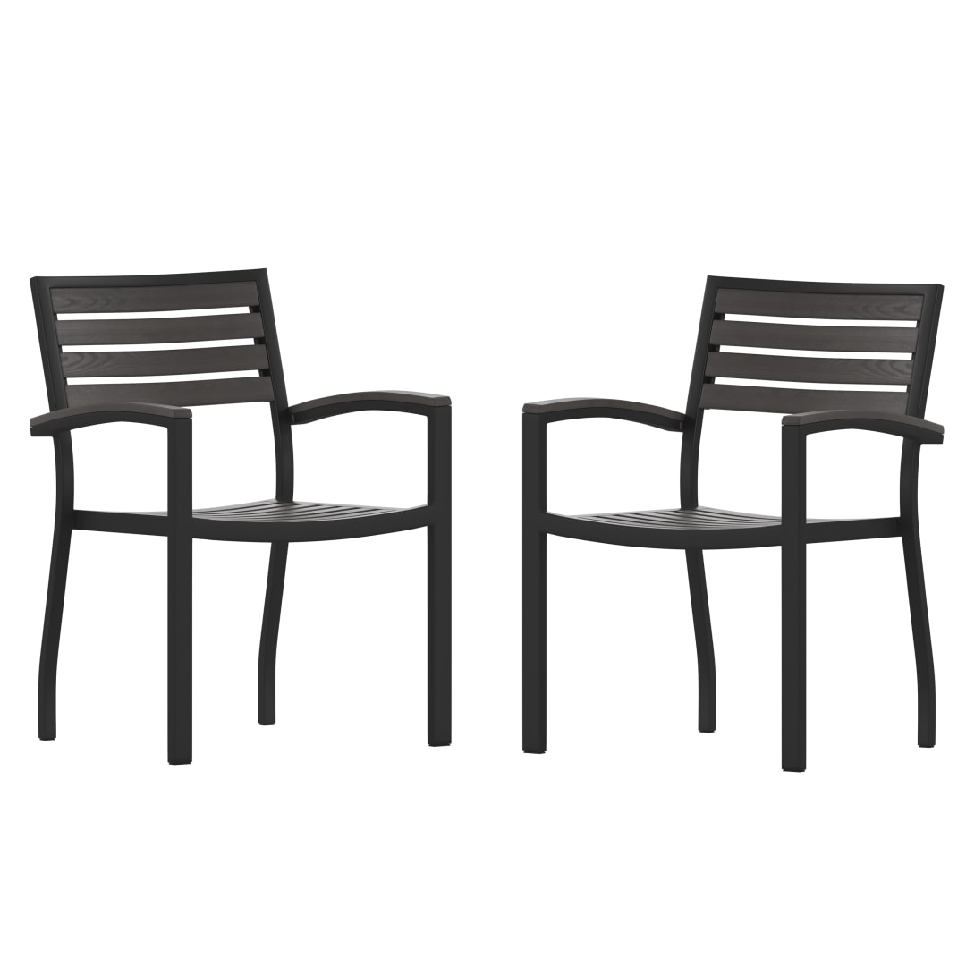 Lark Set of 2 Outdoor Stackable Faux Teak Side Chairs - Commercial Grade Black Aluminum Patio Chairs with Synthetic Gray Wash Faux Teak Slats