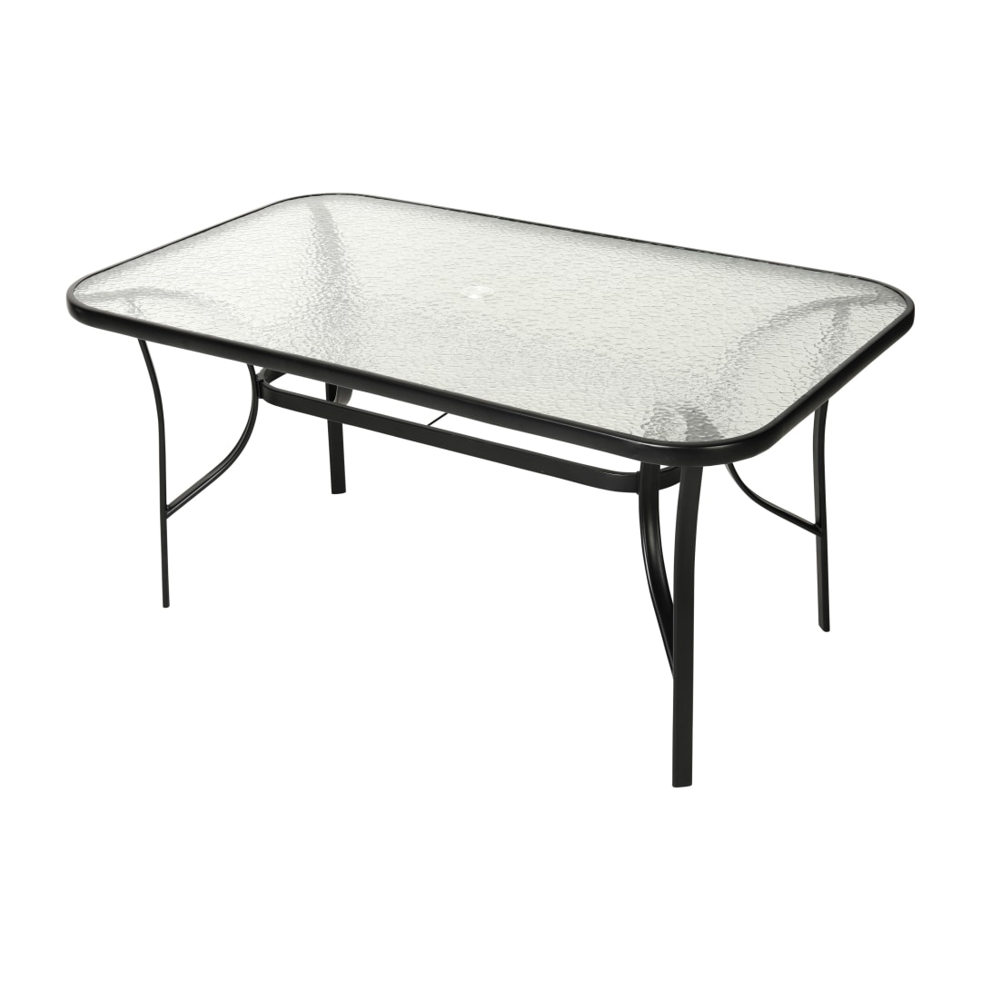 Tory Commercial Grade 35" x 59" Rectangular Patio Table with Tempered Glass Top with Umbrella Hole and Steel Tube Frame in Black