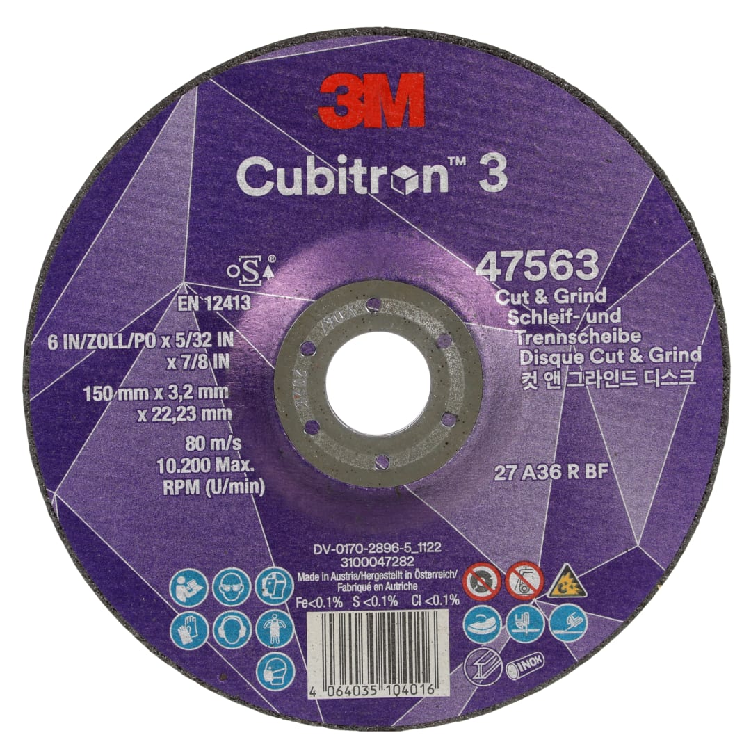 3M™ Cubitron™ 3 Kesme ve Taşlama Taşı, 47563, 36+, T27, 150 mm x 3,2 mm x 22,23 mm, EN, 10/Paket, 20 adet/Kutu