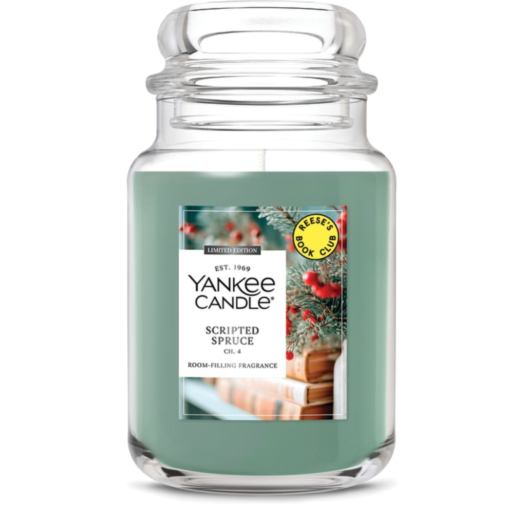 Yankee Candle x Reese’s Book Club, Scripted Spruce, Winter Scented Candle, Fir Needles Scent, Crisp Sea Salt Scent, 22oz Large Jar Candle with up to 150 Hours Burn Time, Giftable