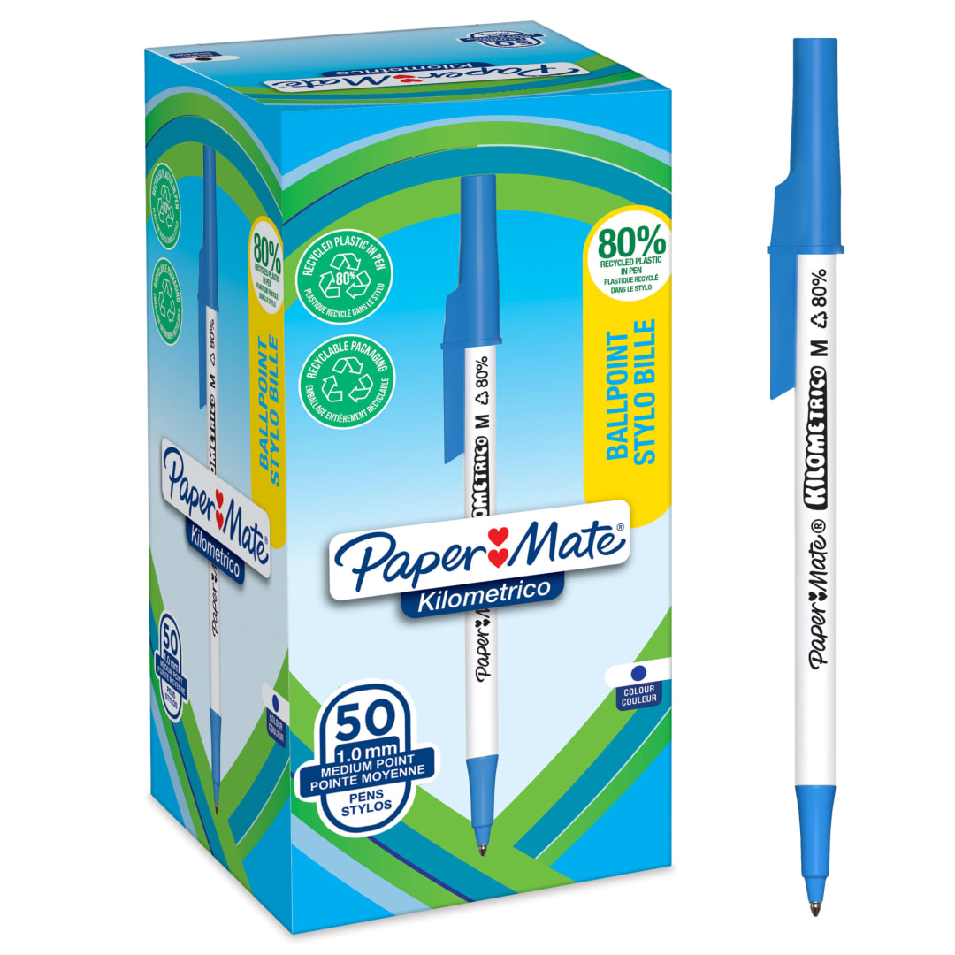 Paper Mate® Kilometrico Ballpoint Pens | Long Writing with Medium Point (1.0mm) | Blue Ink | 80% recycled Plastic | 50 Count