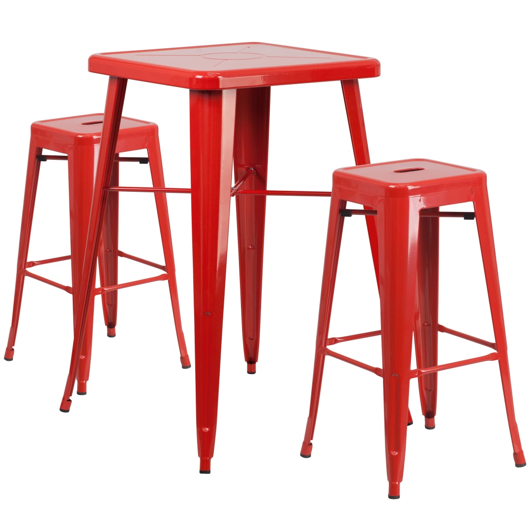 Stone Commercial Grade 23.75" Square Red Metal Indoor-Outdoor Bar Table Set with 2 Square Seat Backless Stools