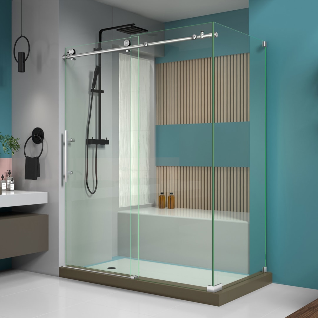 DreamLine Enigma-X 34 1/2 inch D x 60 3/8 inch W x 76 inch H Frameless Sliding Shower Enclosure in Brushed Stainless Steel and Clear Glass