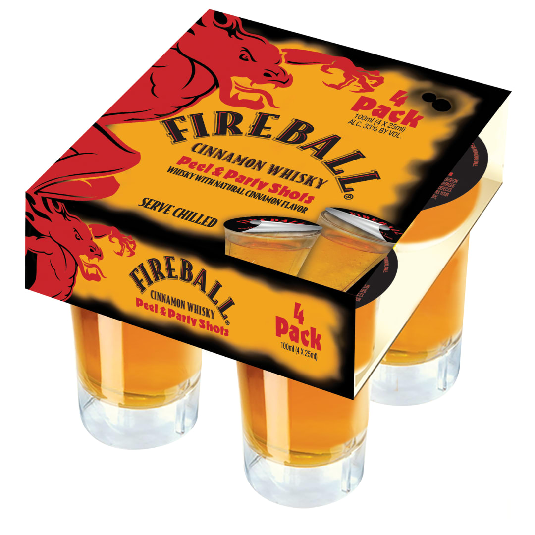 Fireball Cinnamon Whisky Peel & Party Shots 4 Pack 100ml Shots 66 Proof