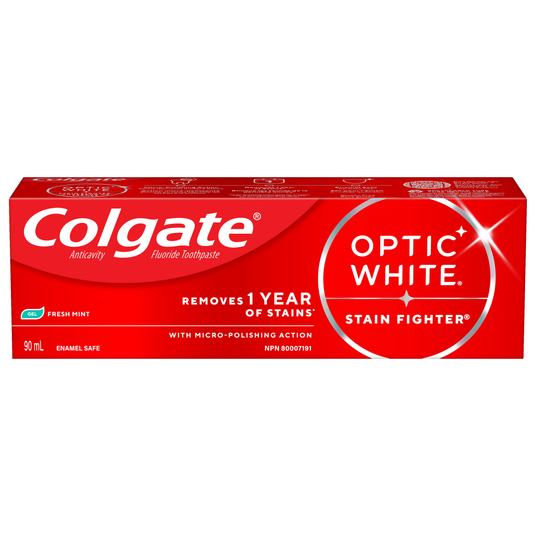 Colgate Optic White Stain Fighter Fresh Mint Teeth Whitening Toothpaste Gel, Anticavity Toothpaste Gel with Fluoride, 90 mL