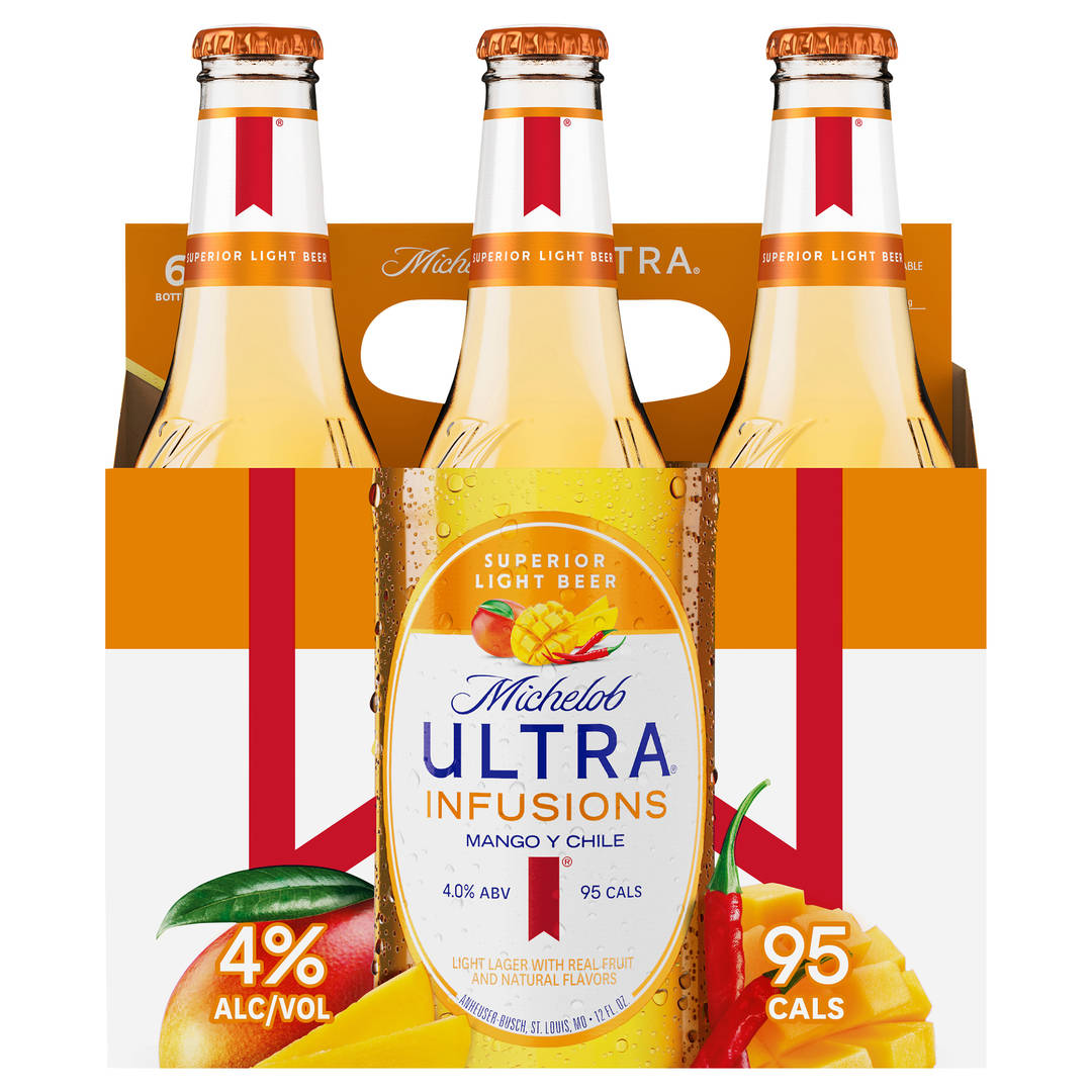 Michelob Ultra Infusions Mango Y Chile Light Beer, 6 Pack 12 fl oz Glass Bottles, 4% ABV