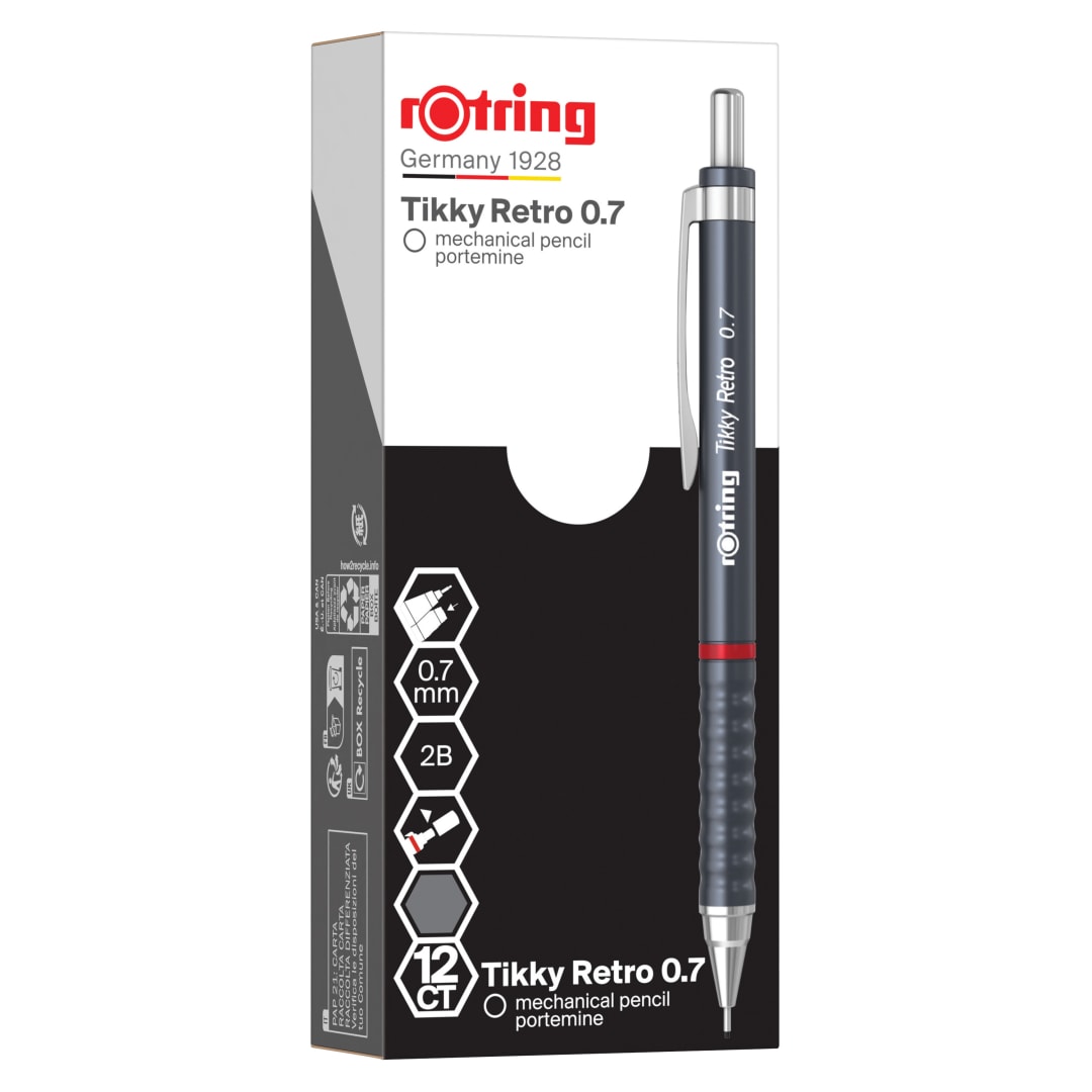 rOtring Tikky Retro Portaminas | 2B 0,7 mm | Cuerpo gris | Cómodo agarre ondulado | 12 unidades