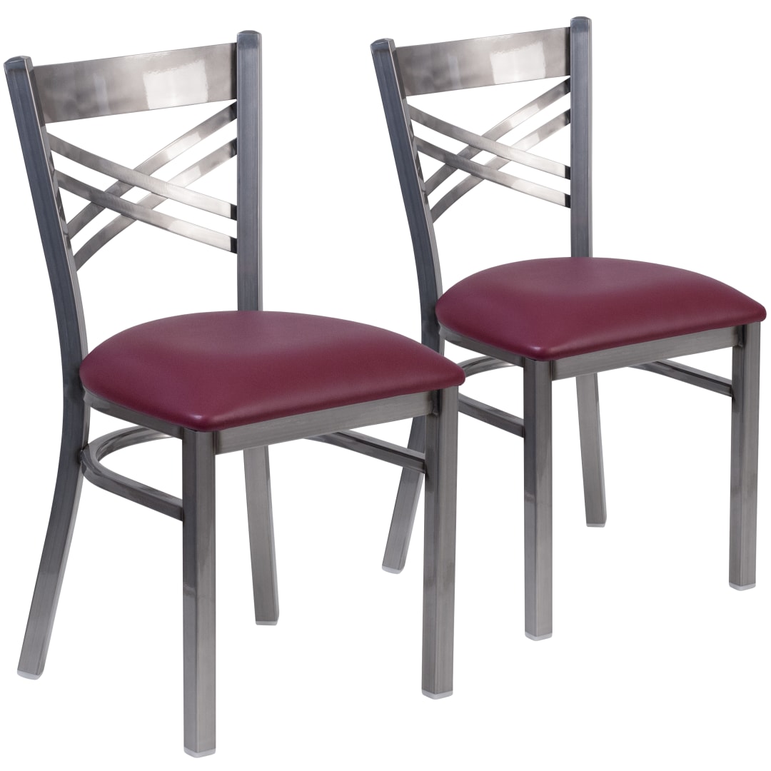 2 Pk. HERCULES Series Silver Antique Finish with Clear Coat ''X'' Back Metal Restaurant Chair - Burgundy Vinyl Seat