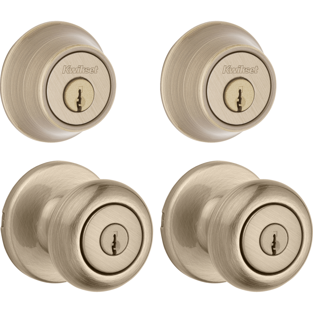 242 Cove Keyed Entry Knob and Single Cylinder Deadbolt Project Pack in Antique Brass