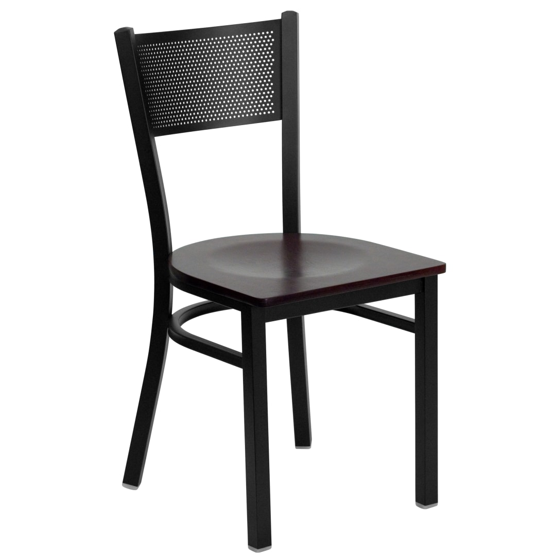 4 Pk. HERCULES Series Black Grid Back Metal Restaurant Chair - Mahogany Wood Seat