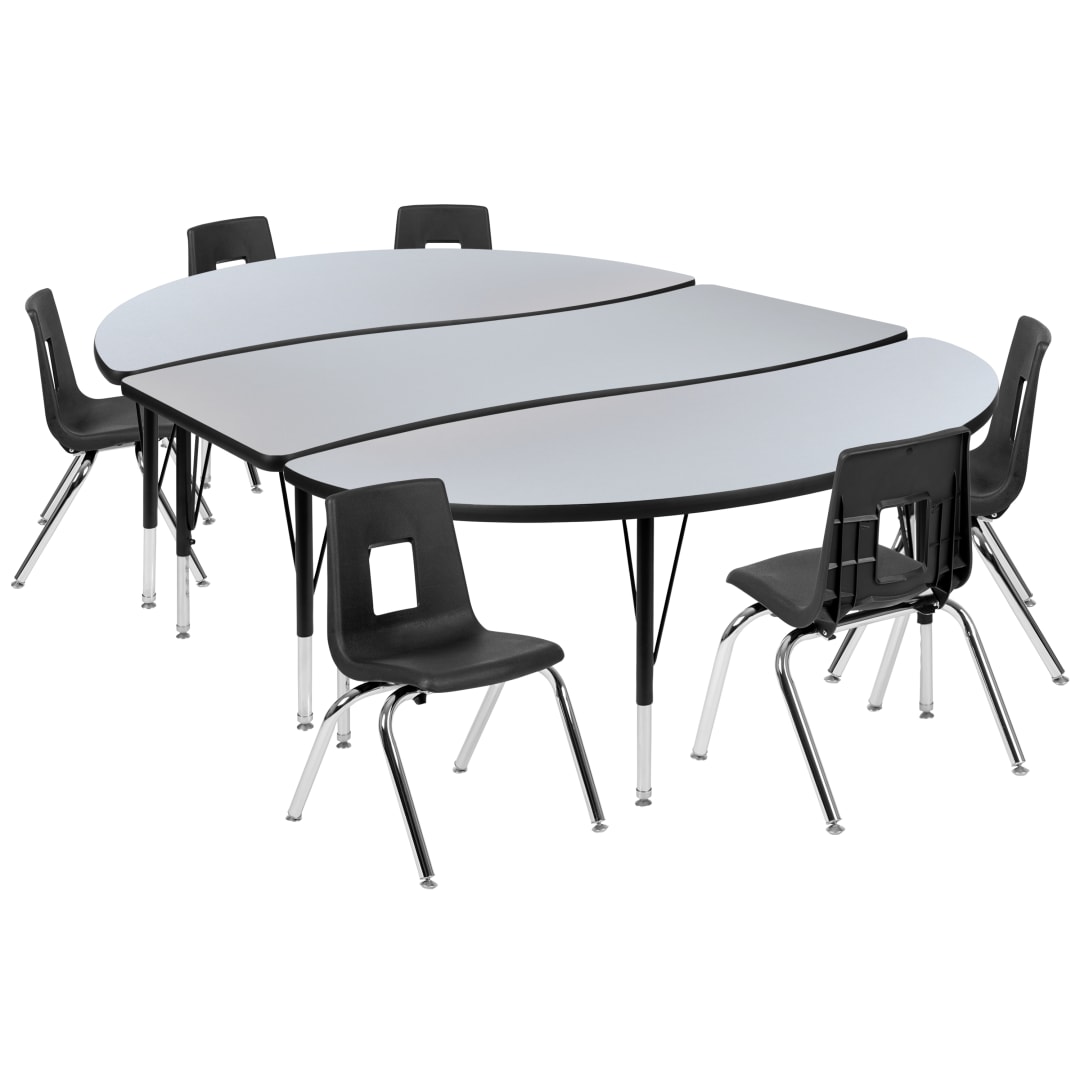 Emmy 86" Oval Wave Flexible Laminate Activity Table Set with 14" Student Stack Chairs, Grey/Black