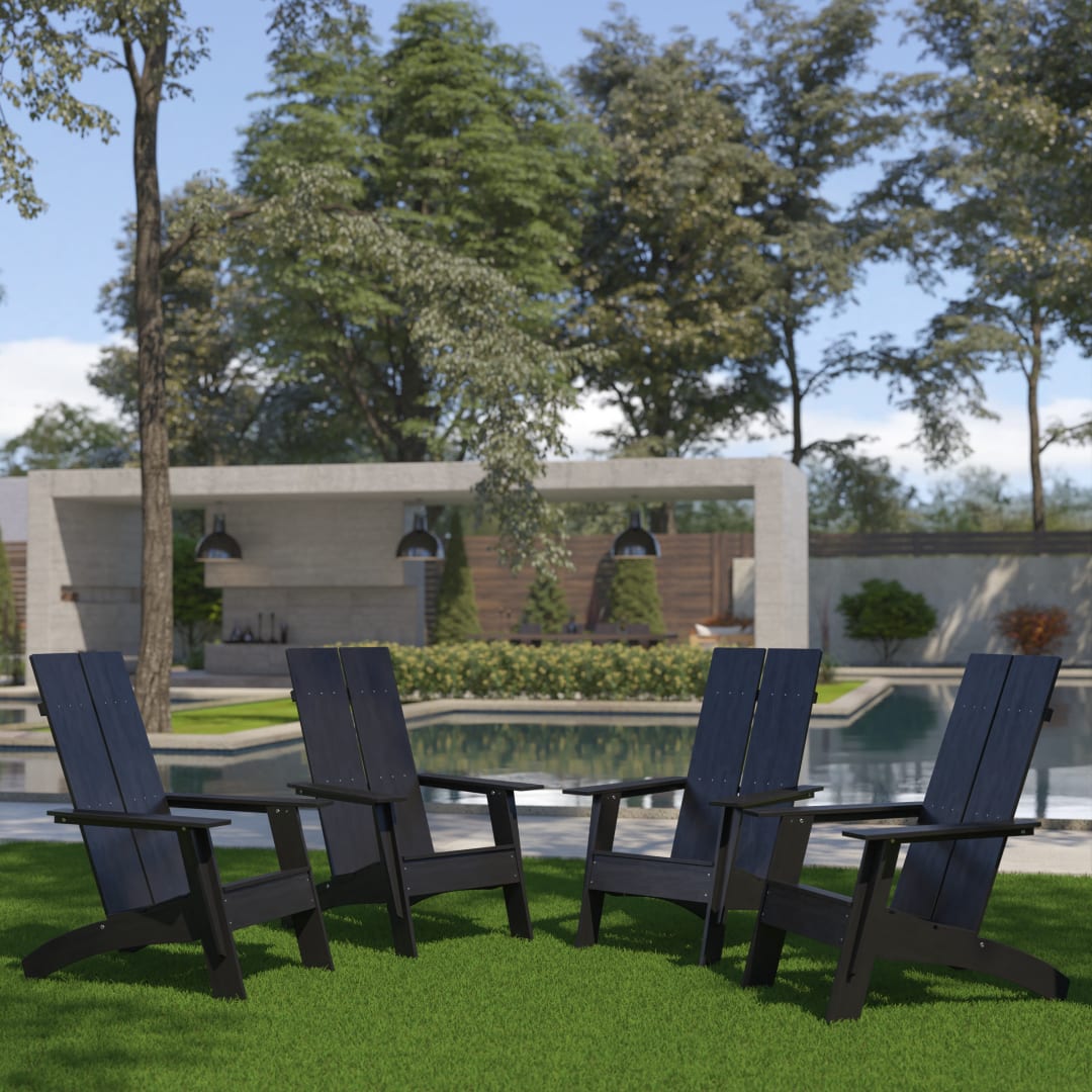 Set of 4 Sawyer Modern All-Weather Poly Resin Wood Adirondack Chairs in Black