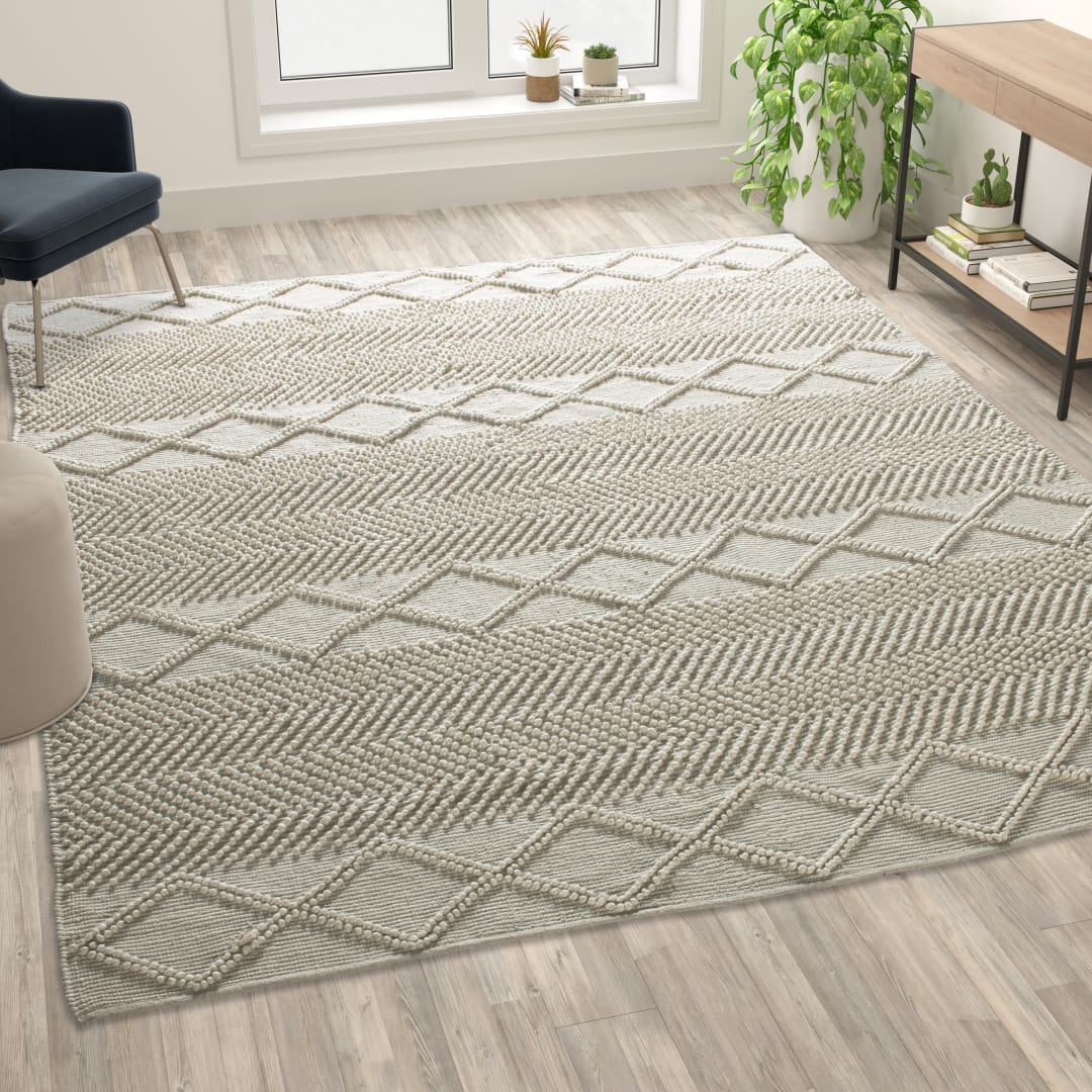 Melissa 8' x 10' White &amp; Ivory Geometric Design Handwoven Area Rug - Wool/Polyester/Cotton Blend