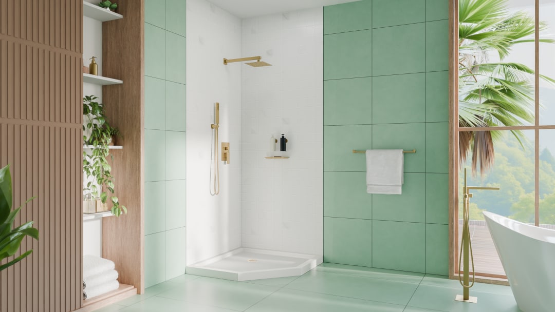 DreamLine SlimLine 36 inch D x 36 inch W x 2 3/4 inch H White Neo-Angle Shower Base with 2 inch Brushed Brass Corner Round Drain