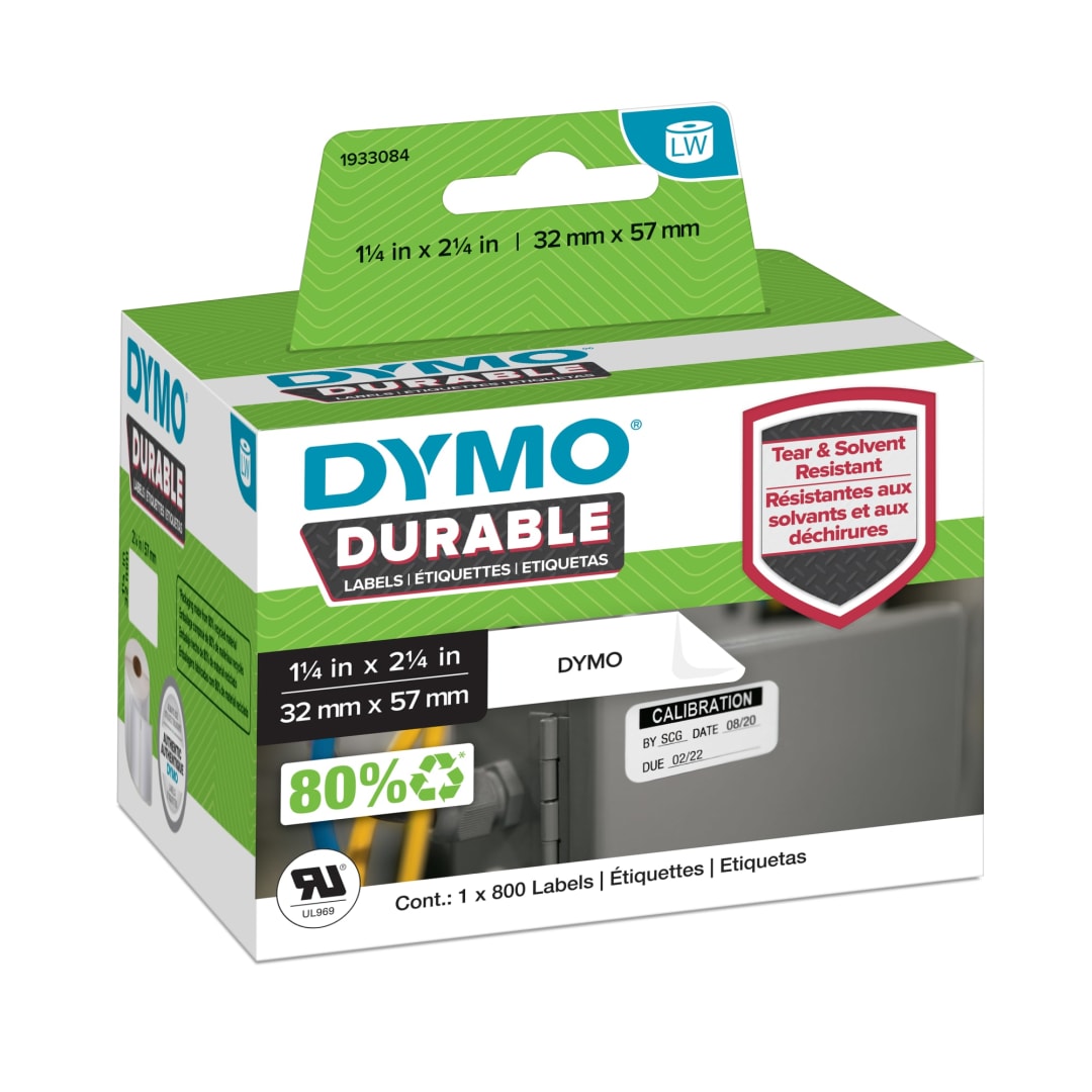 DYMO® LW Durable Industrial Labels for LabelWriter™ Label Printers, White Poly, 2-1/4” x 1-1/4”, 1 Roll of 800