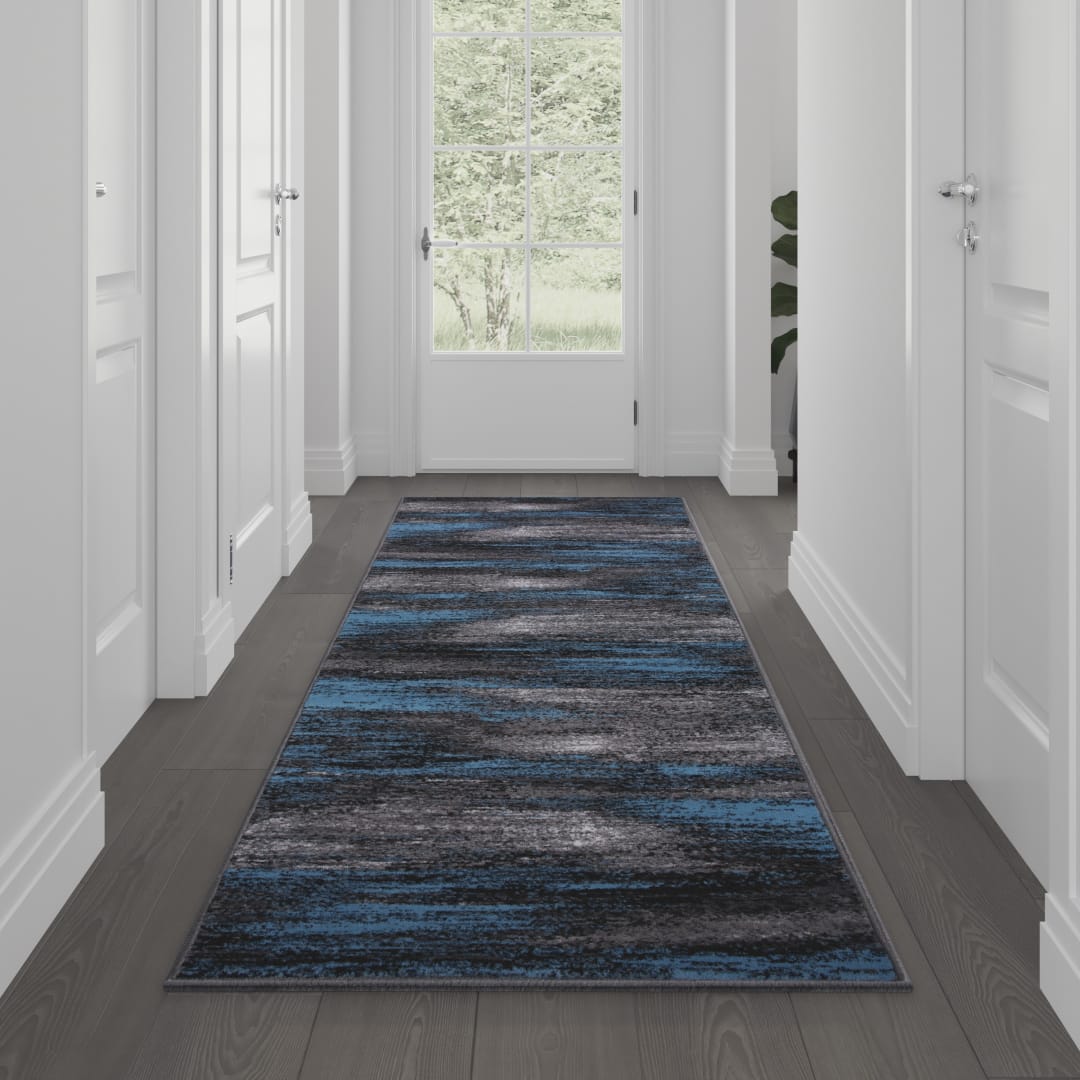 Rylan Collection 2' x 10' Blue Abstract Area Rug - Olefin Rug with Jute Backing for Hallway, Entryway, Bedroom, Living Room
