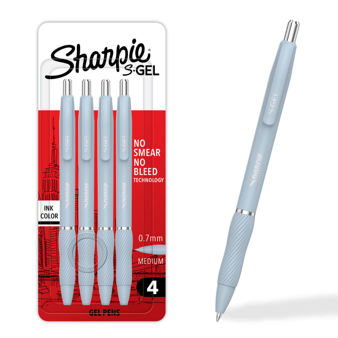 Sharpie S-Gel, Gel Pens, Medium Point (0.7mm), Sky Barrel, Black Ink, 4 Count