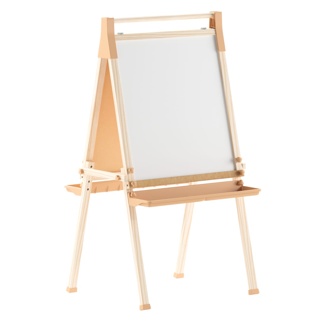 Bright Beginnings Commercial Classroom Freestanding Wood Art Easel with Chalk Board, Dry -Erase Board, 2 Trays, Paper Roller, Paper Tear Bar, Natural