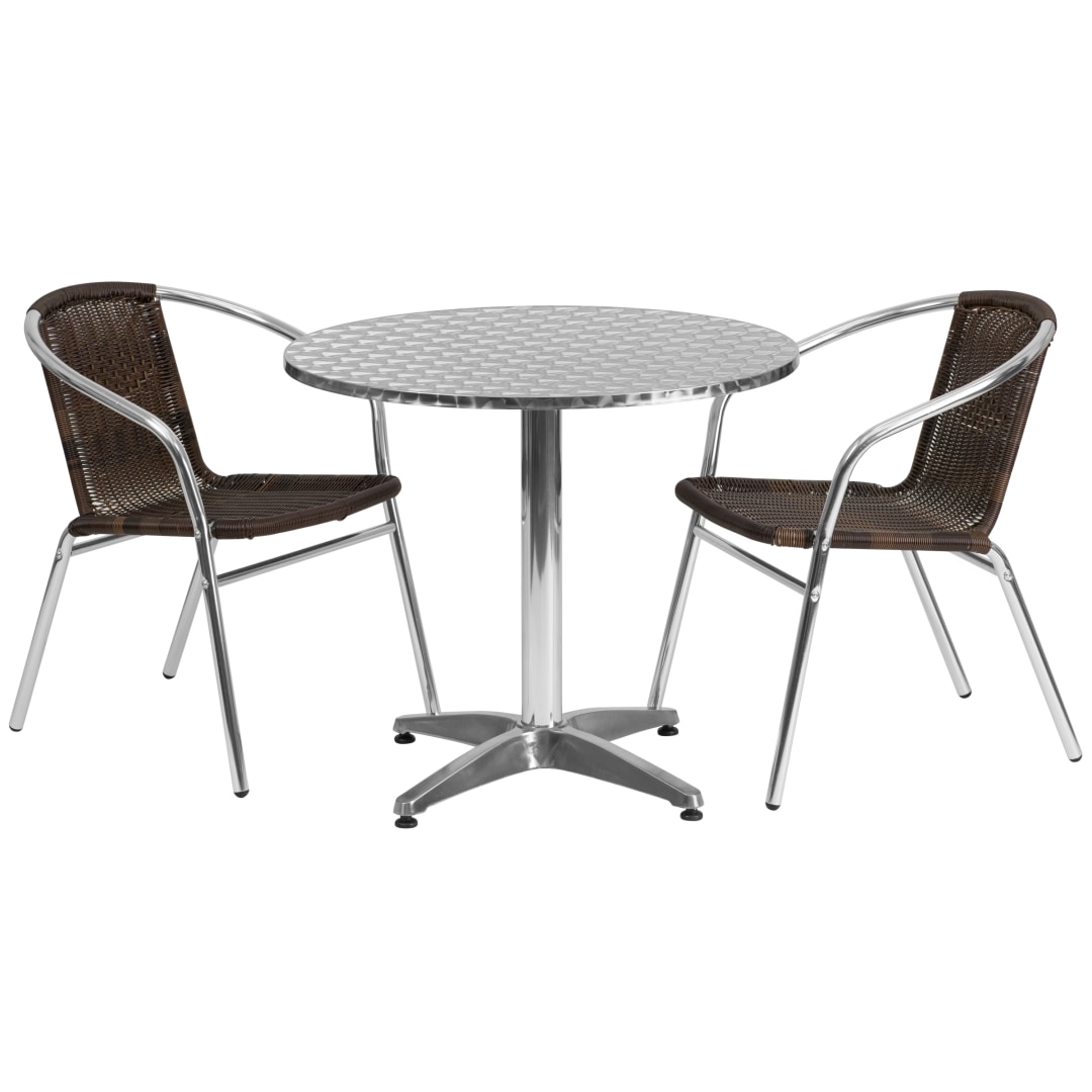 Lila 31.5'' Round Aluminum Indoor-Outdoor Table Set with 2 Dark Brown Rattan Chairs