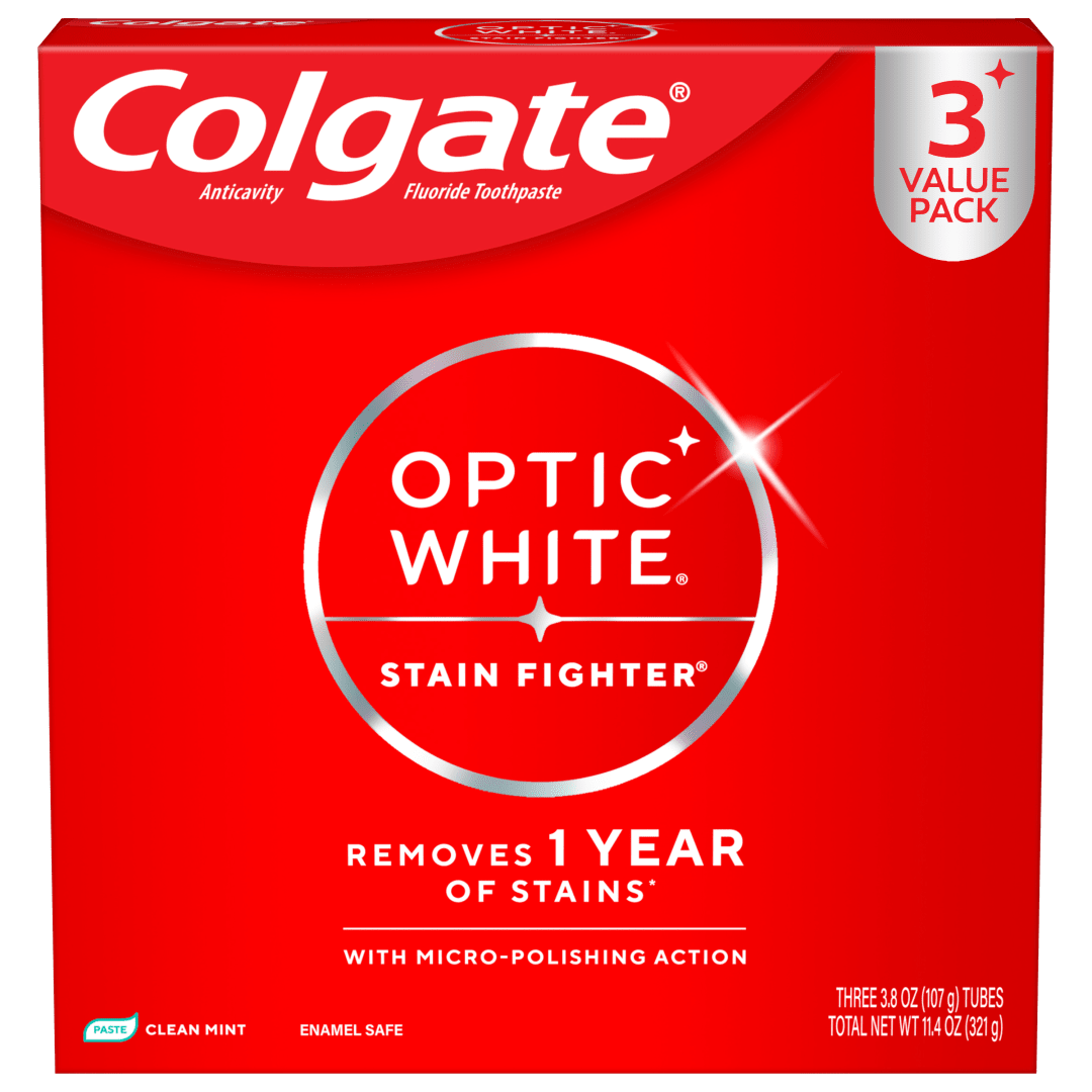 Colgate Optic White Stain Fighter Clean Mint Paste Teeth Whitening Toothpaste, Anticavity Toothpaste with Fluoride, 3 Pack, 3.8 OZ
