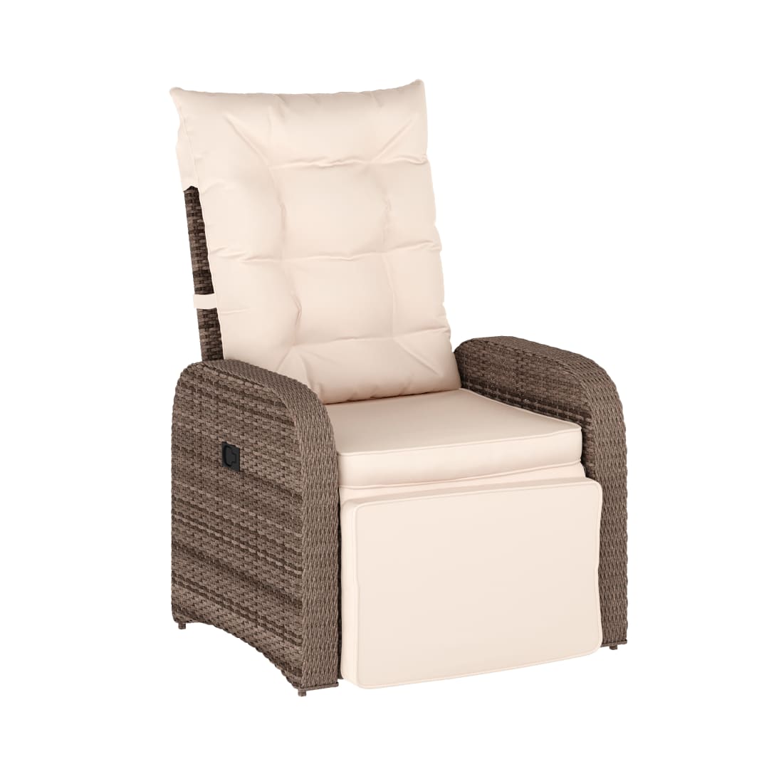 Nemo Indoor/Outdoor Patio Wicker Rattan Recliner Lounge Chair with Flip up Side Table, Beige and Brown