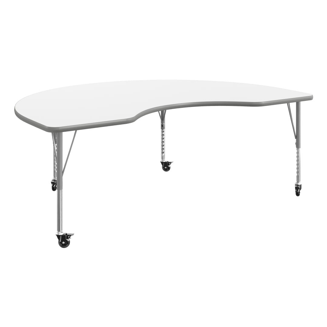 Wren 72" x 48" Kidney Adjustable Height Activity Table, Thermal Laminate Top, Short Legs with Locking Casters, White