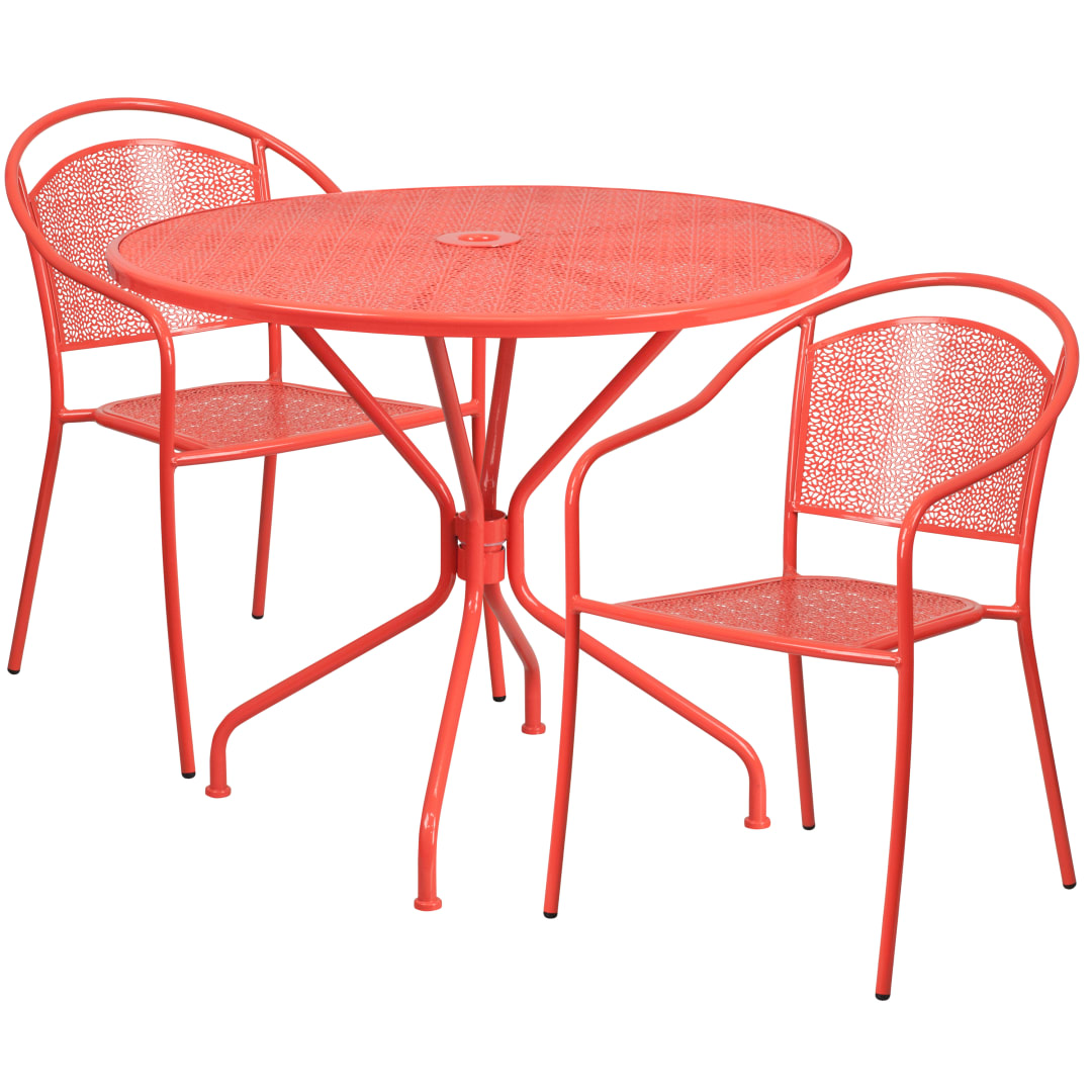 Oia Commercial Grade 35.25" Round Coral Indoor-Outdoor Steel Patio Table Set with 2 Round Back Chairs