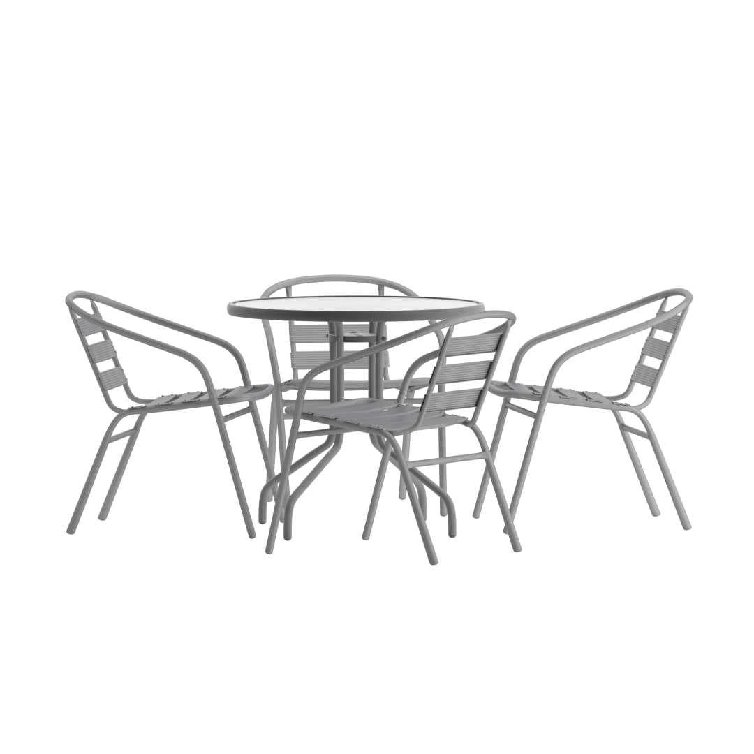 Lila 31.5'' Round Glass Top Metal Table with 4 Silver Aluminum Slat Stack Chairs