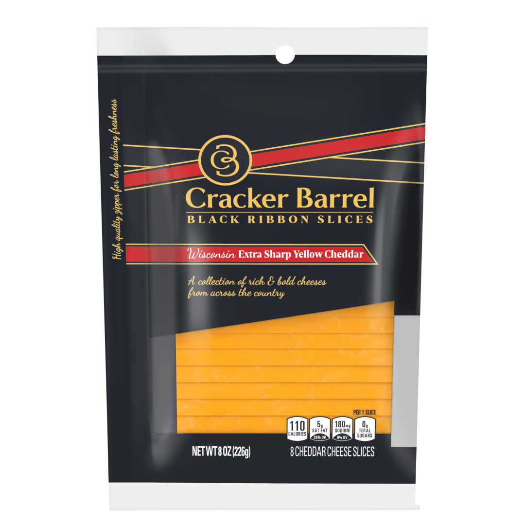 Cracker Barrel Black Ribbon Slices Wisconsin Extra Sharp Yellow Cheddar Cheese Slices, 8 ct Pack