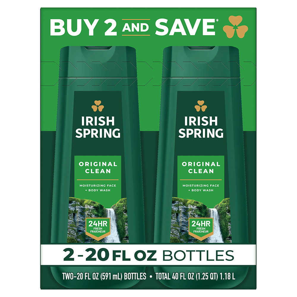Irish Spring Mens Body Wash, Original Clean Body Wash for Men, Smell Fresh and Clean for 24 Hours, Cleans Body, Hands, and Face, Made with Biodegradable Cleansing Ingredients, 2 Pack, 20 Oz Bottle