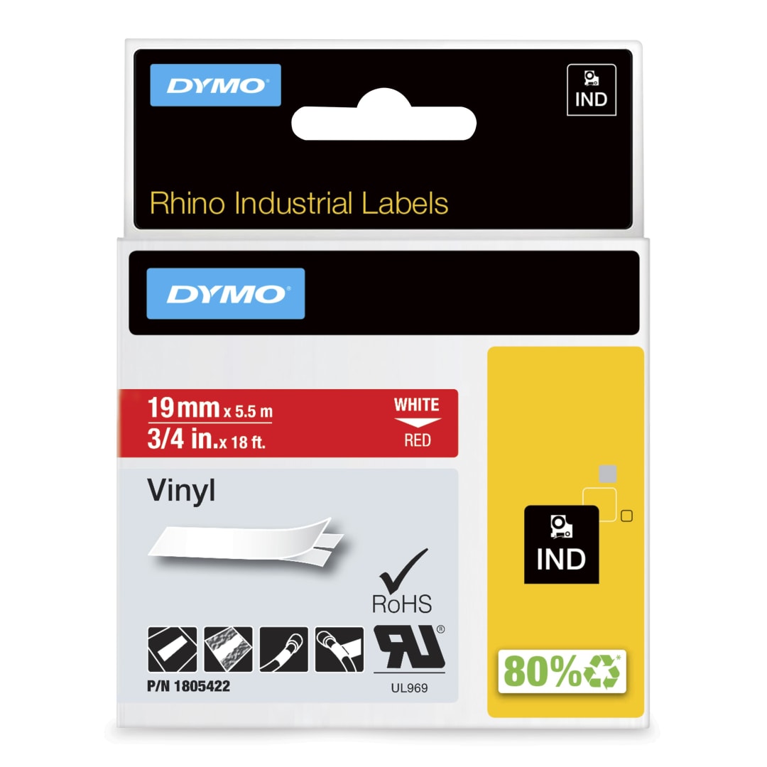 DYMO® Rhino Industrial Vinyl Labels, 3/4", White Print on Red Tape