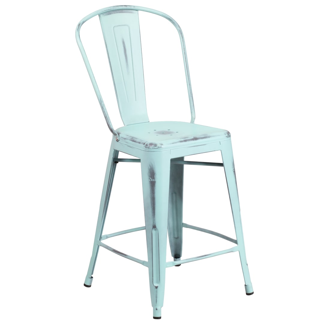 Carly Commercial Grade 24" High Distressed Green-Blue Metal Indoor-Outdoor Counter Height Stool with Back
