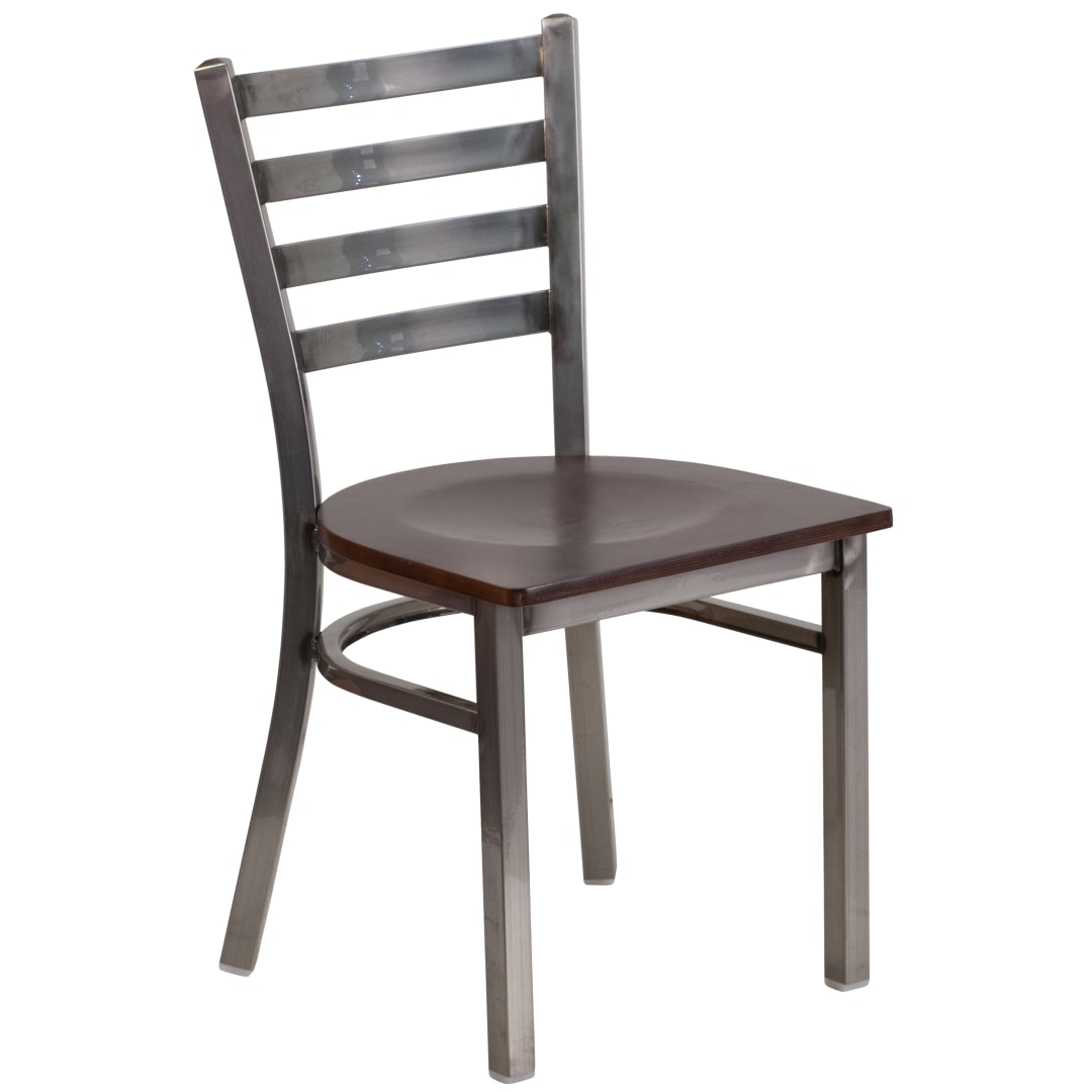 HERCULES Series Silver Antique Finish with Clear Coat Ladder Back Metal Restaurant Chair - Walnut Wood Seat