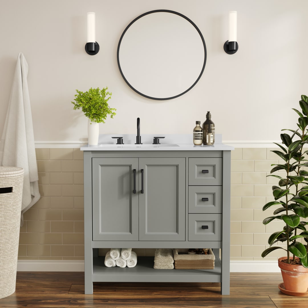 Vega 36" Bathroom Vanity with Sink, Cabinet with Black Hardware, Soft Close Doors, Open Shelf &amp; 3 Drawers, Carrara Marble Finish Counter, Gray/White