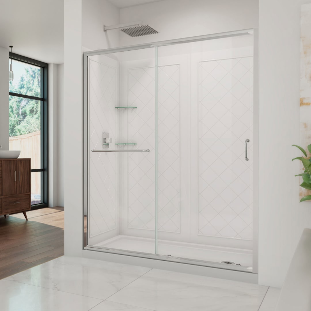 DreamLine Infinity-Z 32 inch D x 60 inch W x 76 3/4 inch H Semi-Frameless Sliding Shower Door in Chrome and Clear Glass, Right Drain Shower Base, and Wall Kit in White