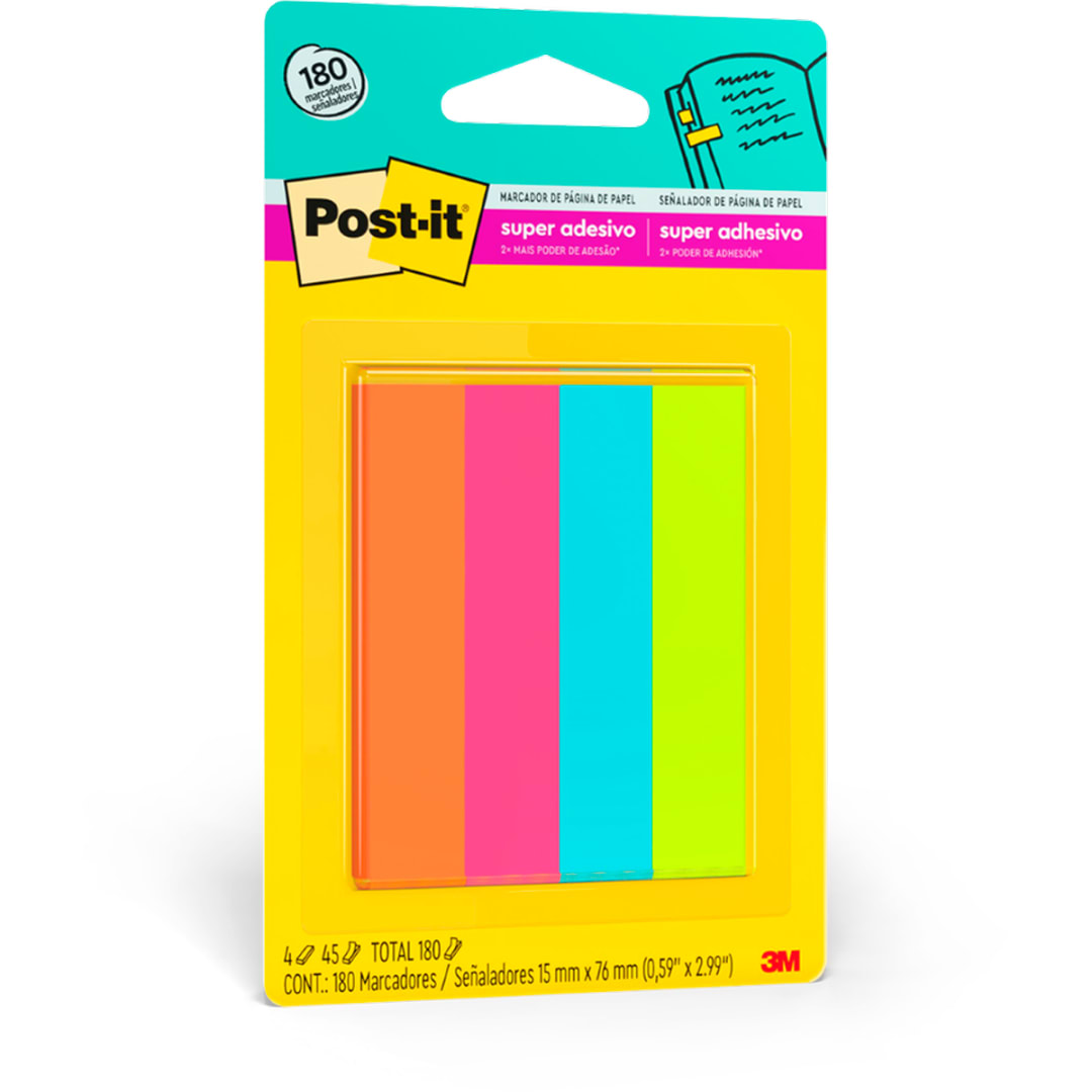 Marcador de Página Adesivo Post-it®, Flags de Papel, 7.6 cm x 1.5 cm, 180 Folhas