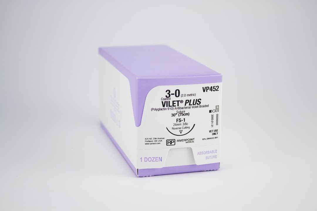 Vilet Plus Antibacterial PGLA Suture, USP 3-0 with 24mm FS-1 Reverse Cutting 3/8 Circle Needle, Violet, 75cm, Sterile