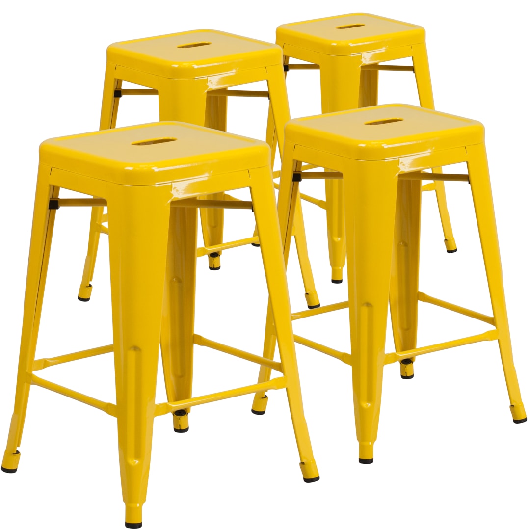 Lily 4 Pack Commercial Grade 24" High Backless Yellow Metal Indoor-Outdoor Counter Height Stool with Square Seat