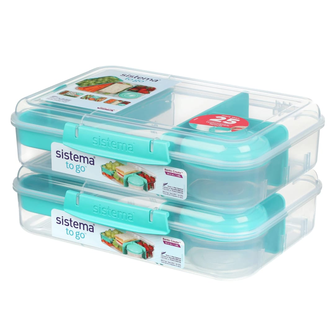 Sistema TO GO Bento Box Create 1.48 L School Lunch Boxes With Compartments & Snack Pot BPA-Free 2 Count Minty Teal