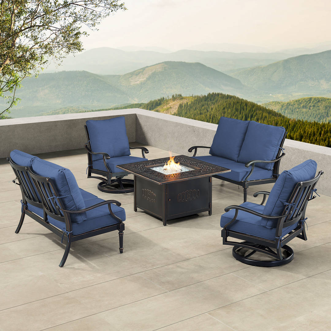 Black Aluminum Patio Fire Table Set with Two Deep Seating Loveseat with Cushions and Two Club Chairs