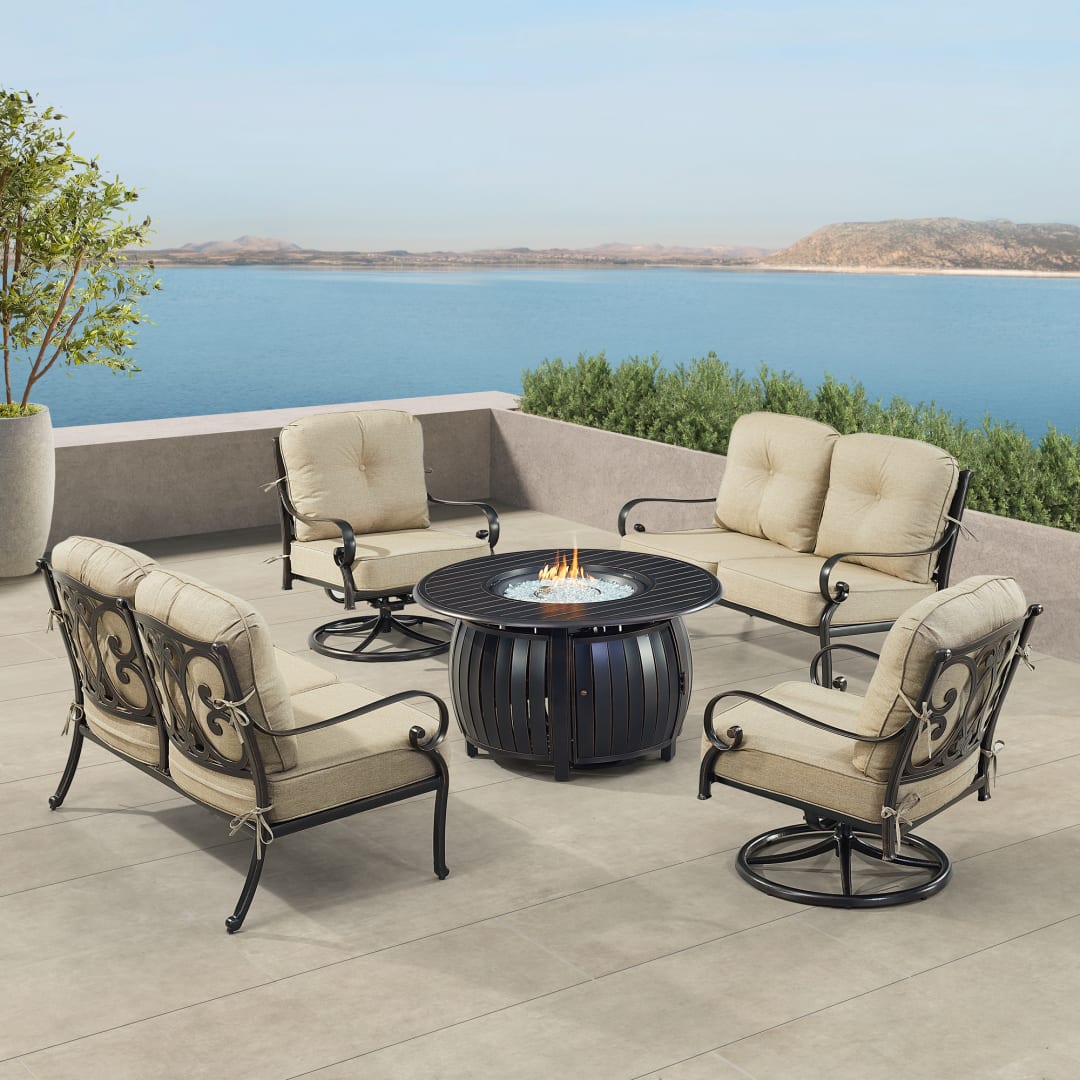 Black Aluminum Patio Fire Table Set with Two Deep Seating Loveseat with Cushions and Two Club Chairs