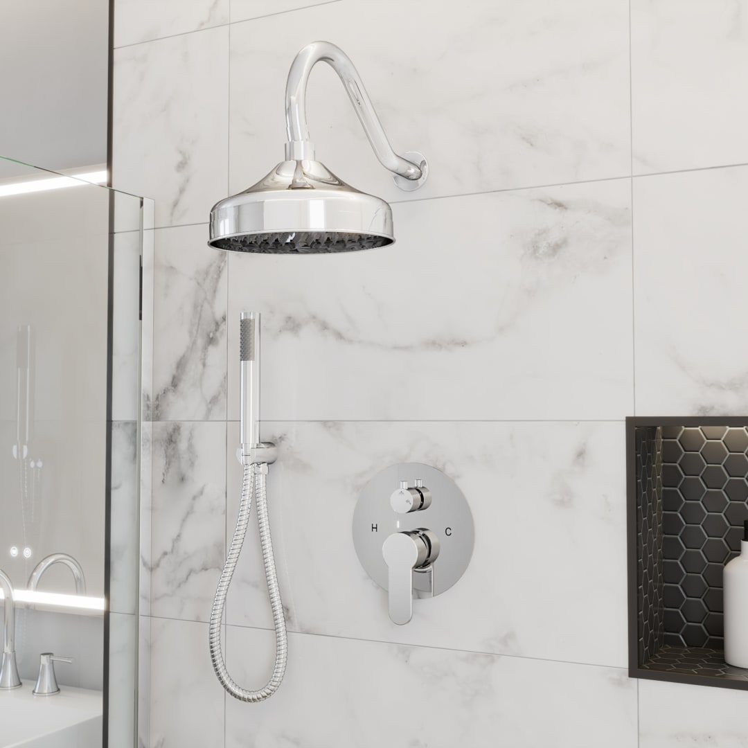 Harmony Rainfall Shower Set with round showerhead, round valve, and Wand Handshower, Chrome