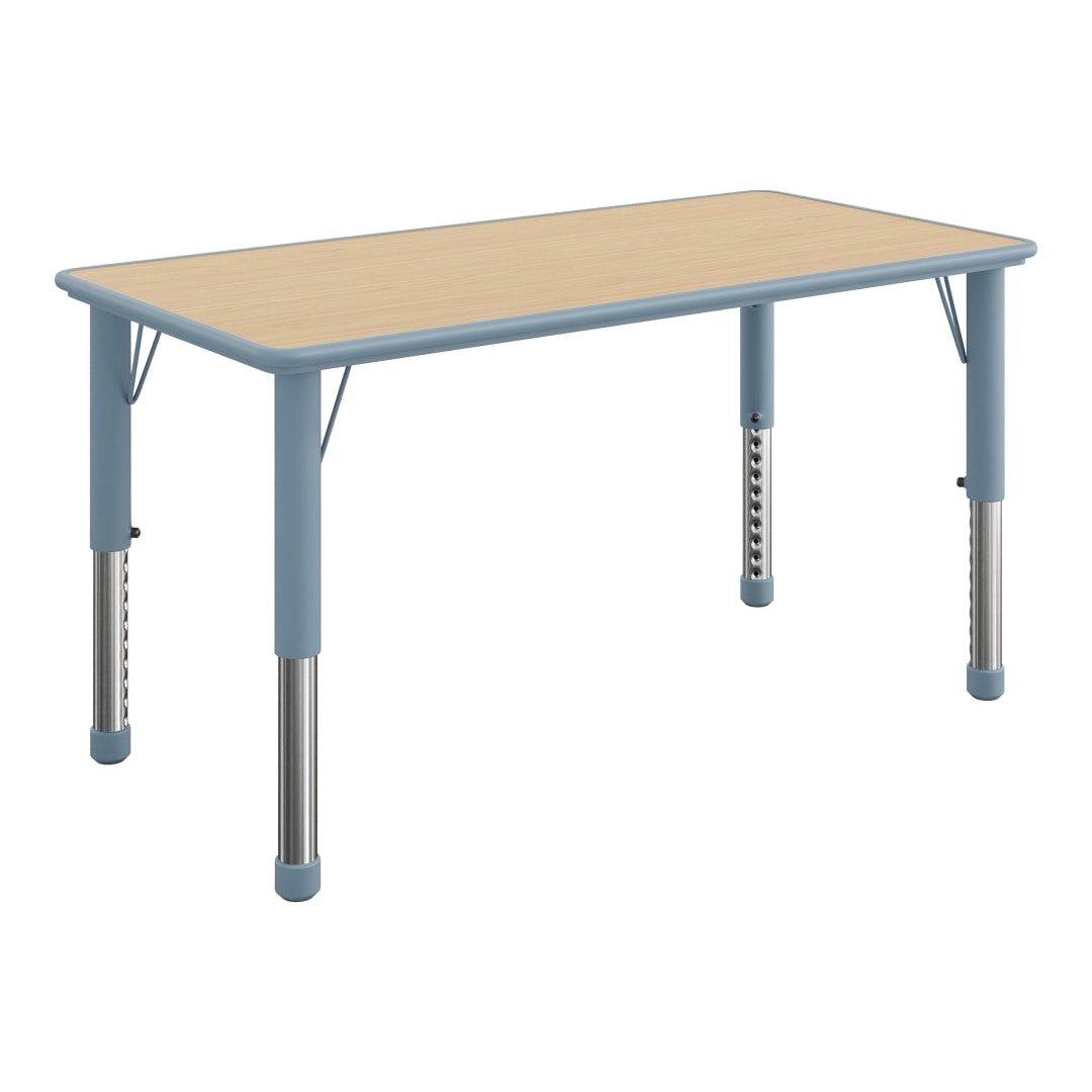 Wren 47.25 x 23.5 Kids Height Adjustable Activity Table for Classrooms, Daycares, Homeschooling, Natural Woodgrain Laminate Top with Dusty Blue Frame