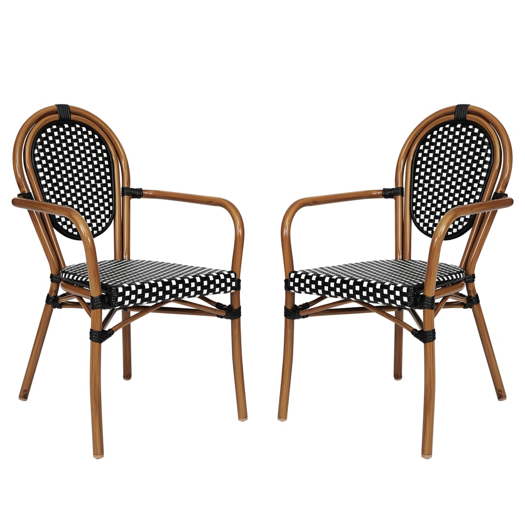 2 Pack Lourdes Indoor/Outdoor Commercial Thonet Bistro Stacking Chair with Arms, Black and White PE Rattan and Natural Aluminum Frame