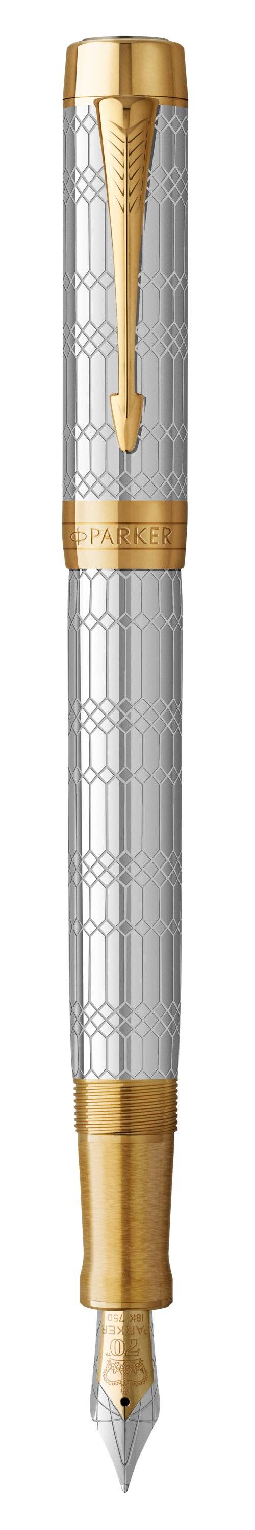 Parker Duofold Special Edition Jubilee Fountain Pen, Silver, Gold Trims, Medium, Solid Gold Nib, Black Ink and Convertor